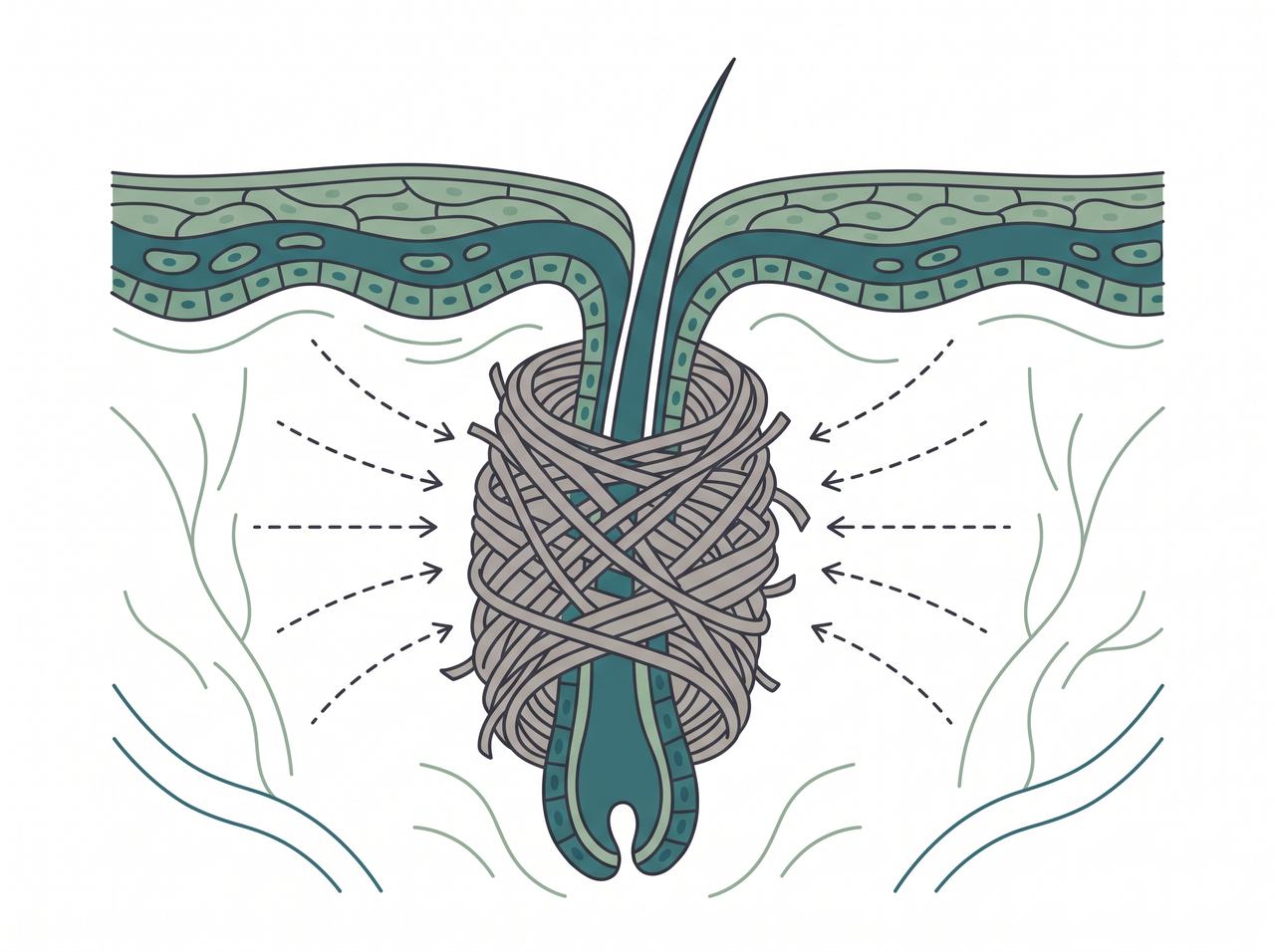 Fibrous scar tissue fills the gap and forms a collar around the follicle