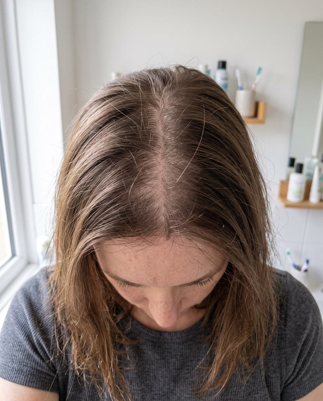 Where she started: a wide part with the scalp showing through