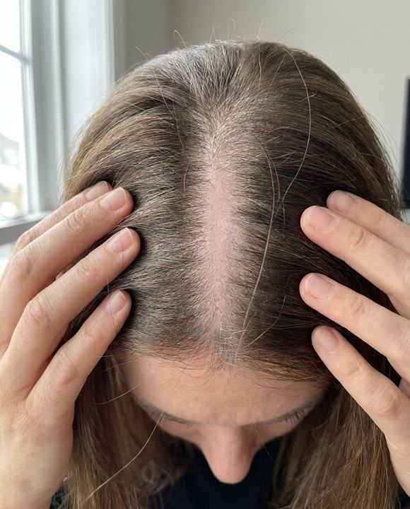 Week one, a wide part with visible scalp and loose strands