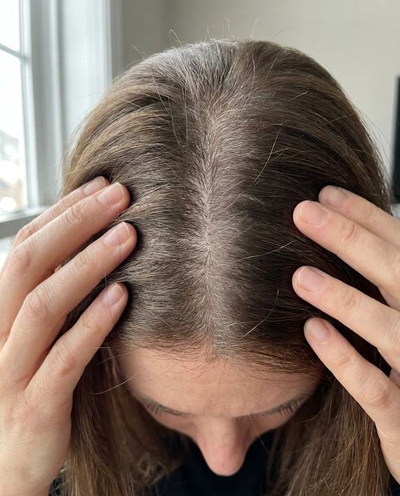 Around month one, short new hairs standing up along the part