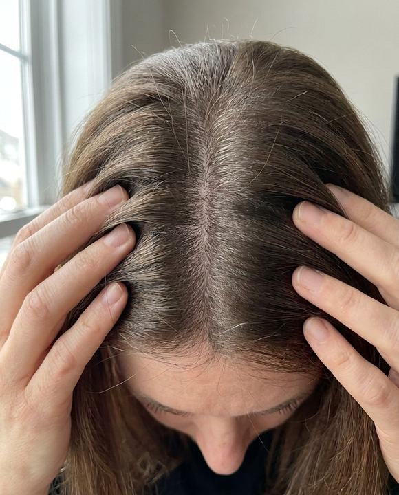 Months three to five, a thin part line with dense glossy hair