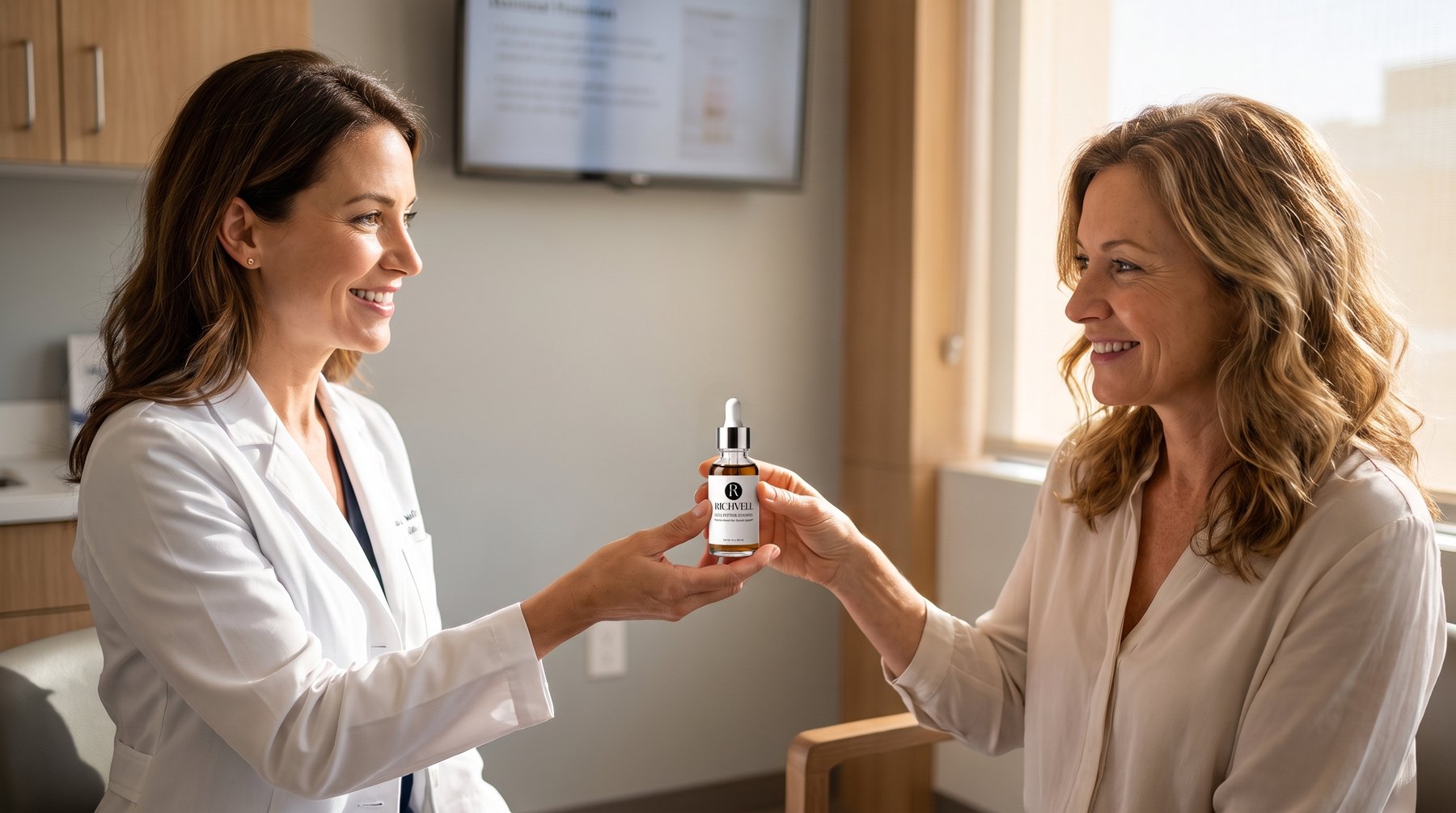 A clinician handing a patient a bottle of FST-5 in a consultation room