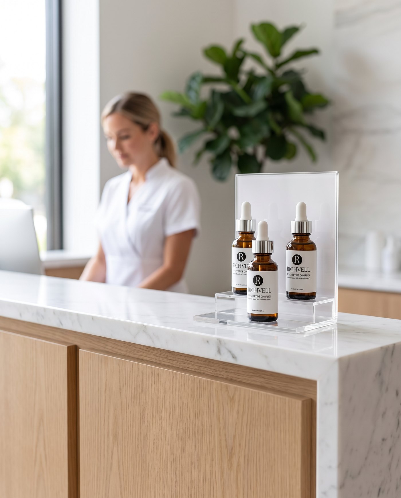 FST-5 Peptide Complex counter display at a med spa reception